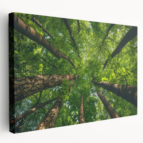 Stretched canvas wall art showcasing a serene landscape with vibrant trees, designed for home decor, featuring rich colors and intricate details.