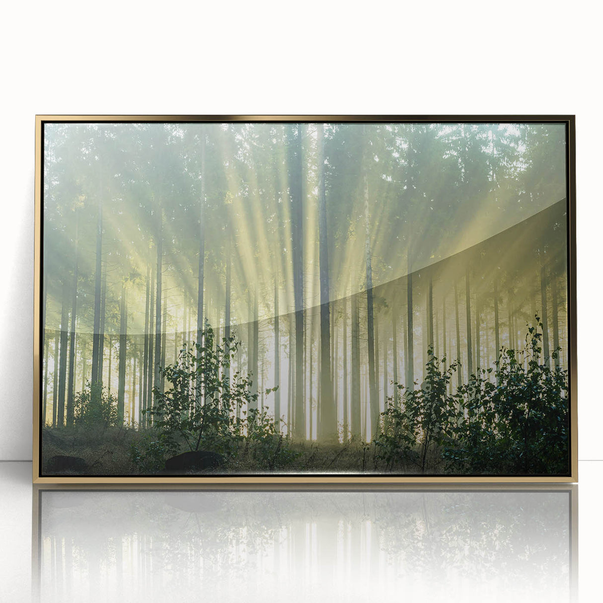 Framed wall art depicting a serene landscape with stylized trees and a gold-accented design, perfect for enhancing modern decor in living spaces.