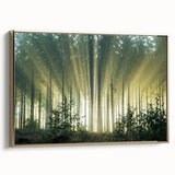 Framed canvas wall art showcasing a beautiful landscape with vibrant green trees against a serene blue sky, featuring a gold frame that enhances its elegance. This piece adds a touch of nature-inspired décor to any living space.