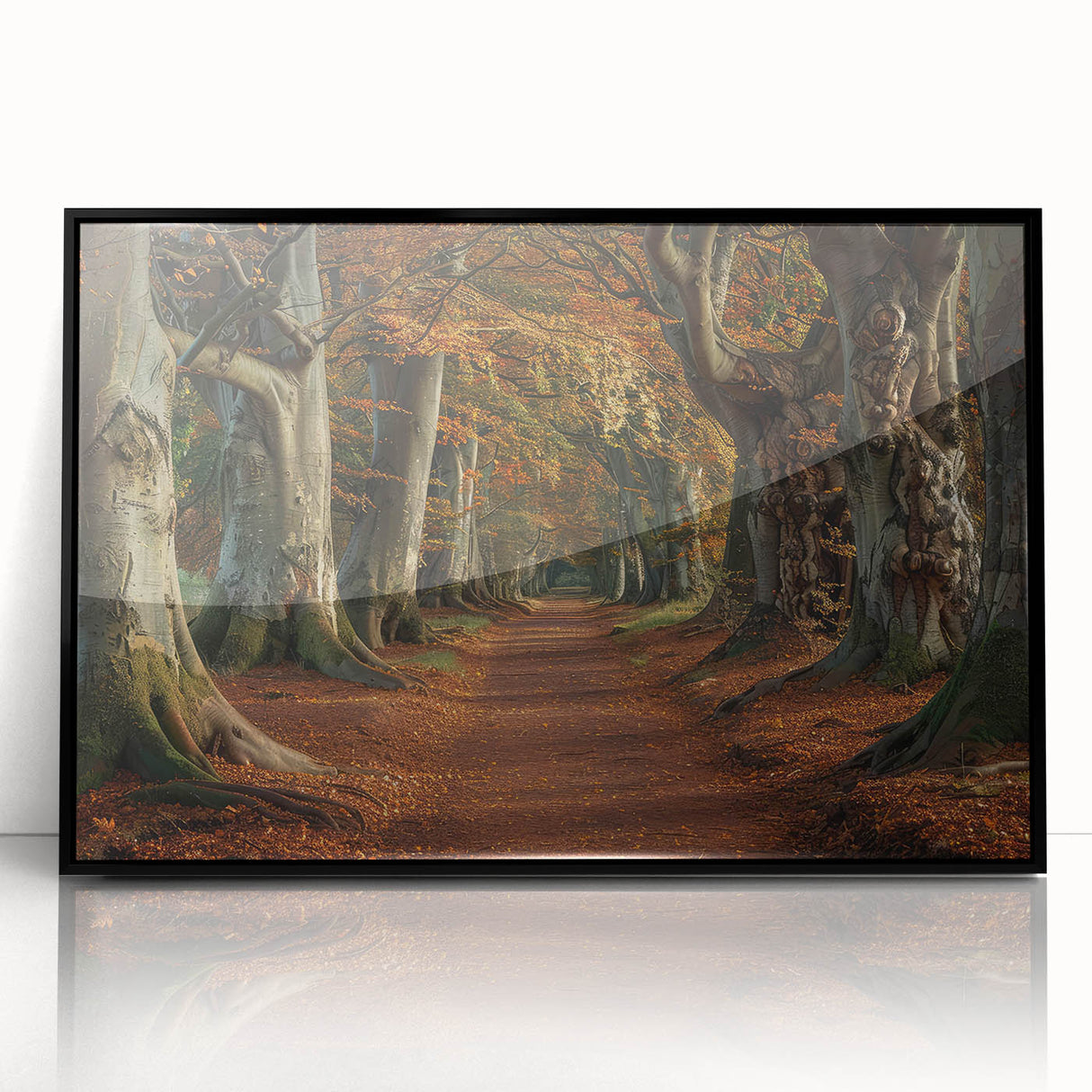 Framed acrylic wall art featuring a serene landscape with vibrant trees, set in a sleek black frame, perfect for enhancing modern home decor.