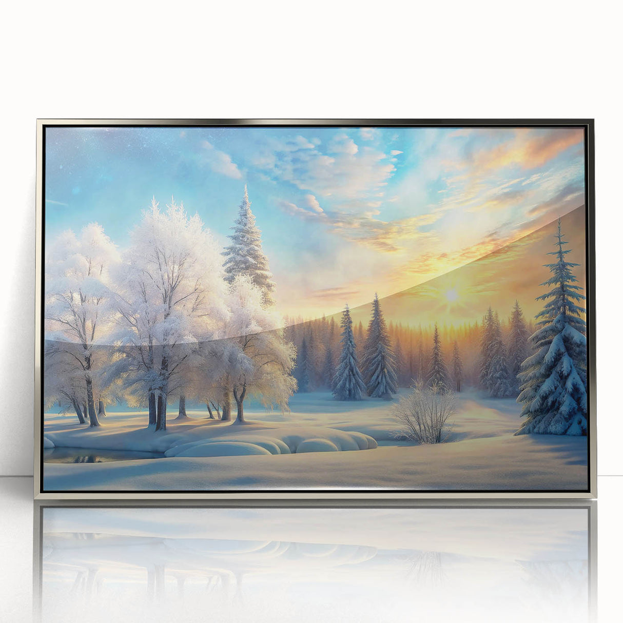 Framed acrylic wall art featuring a serene landscape with trees, designed in silver tones, showcasing a modern aesthetic and enhancing interior decor.