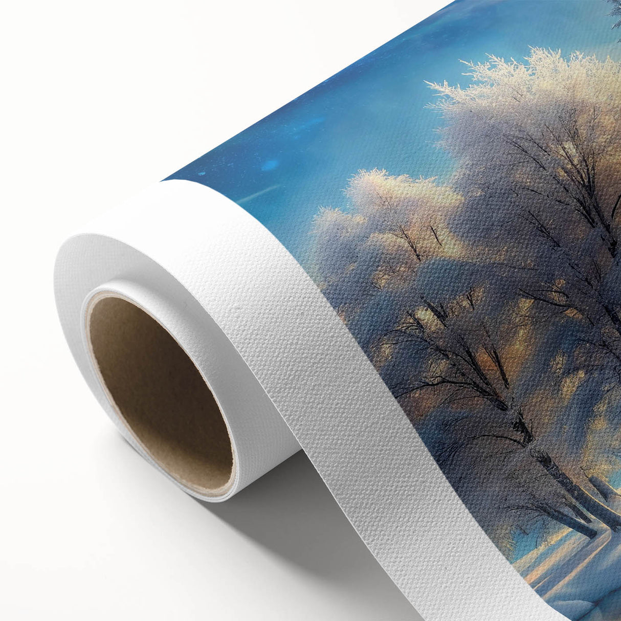 Vibrant rolled canvas featuring a stunning landscape design with lush green trees and a serene atmosphere, perfect for home decor and wall art collection.