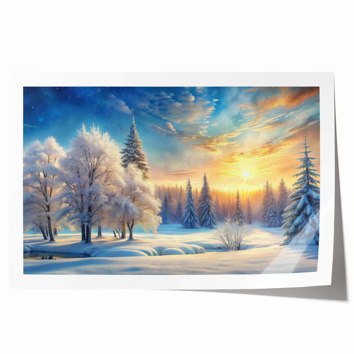 Vibrant rolled print of a serene landscape featuring lush green trees and a serene sky, ideal for adding a touch of nature to home decor.