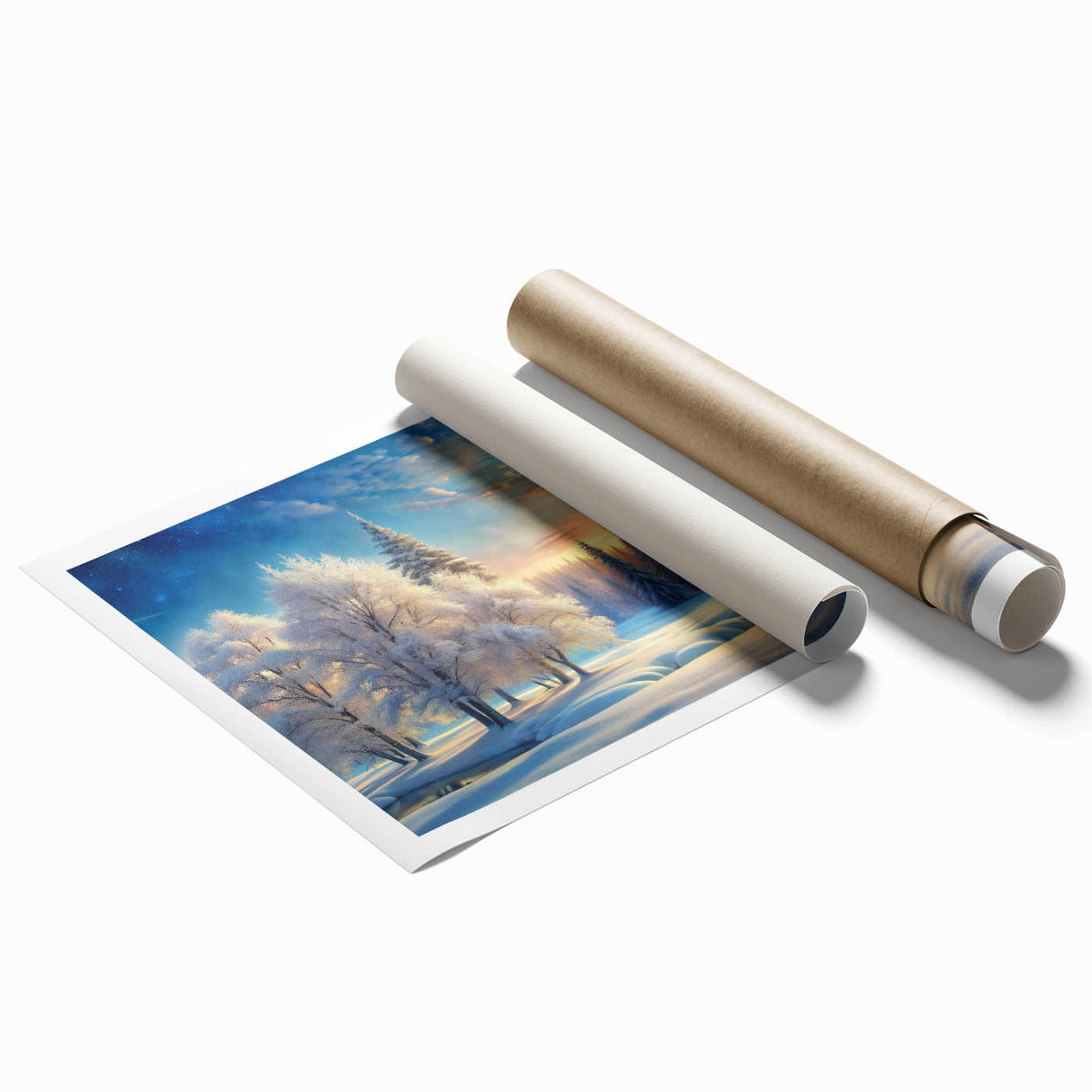 Vibrant rolled canvas print showcasing a serene landscape with lush green trees and a soft blue sky, perfect for home or office decor. Ideal for nature lovers and art enthusiasts.