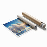 Vibrant rolled canvas print showcasing a serene landscape with lush green trees and a soft blue sky, perfect for home or office decor. Ideal for nature lovers and art enthusiasts.