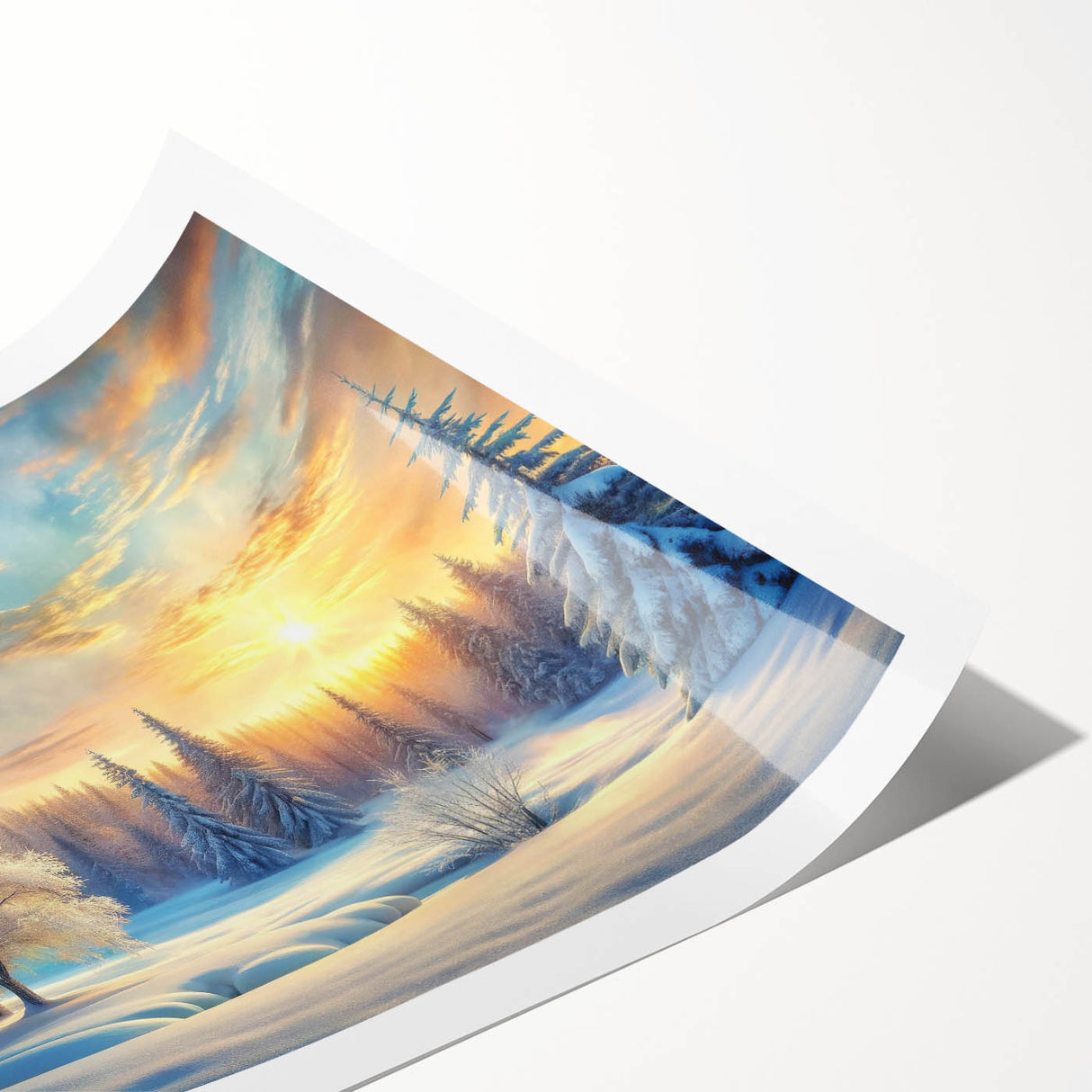 Rolled print of a serene landscape featuring tall trees and a colorful sunset, designed for wall art collection, showcasing vibrant colors and intricate details.