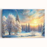 Stretched canvas artwork showcasing a serene landscape with vibrant green trees and a clear blue sky, perfect for home decor and nature-inspired interiors.