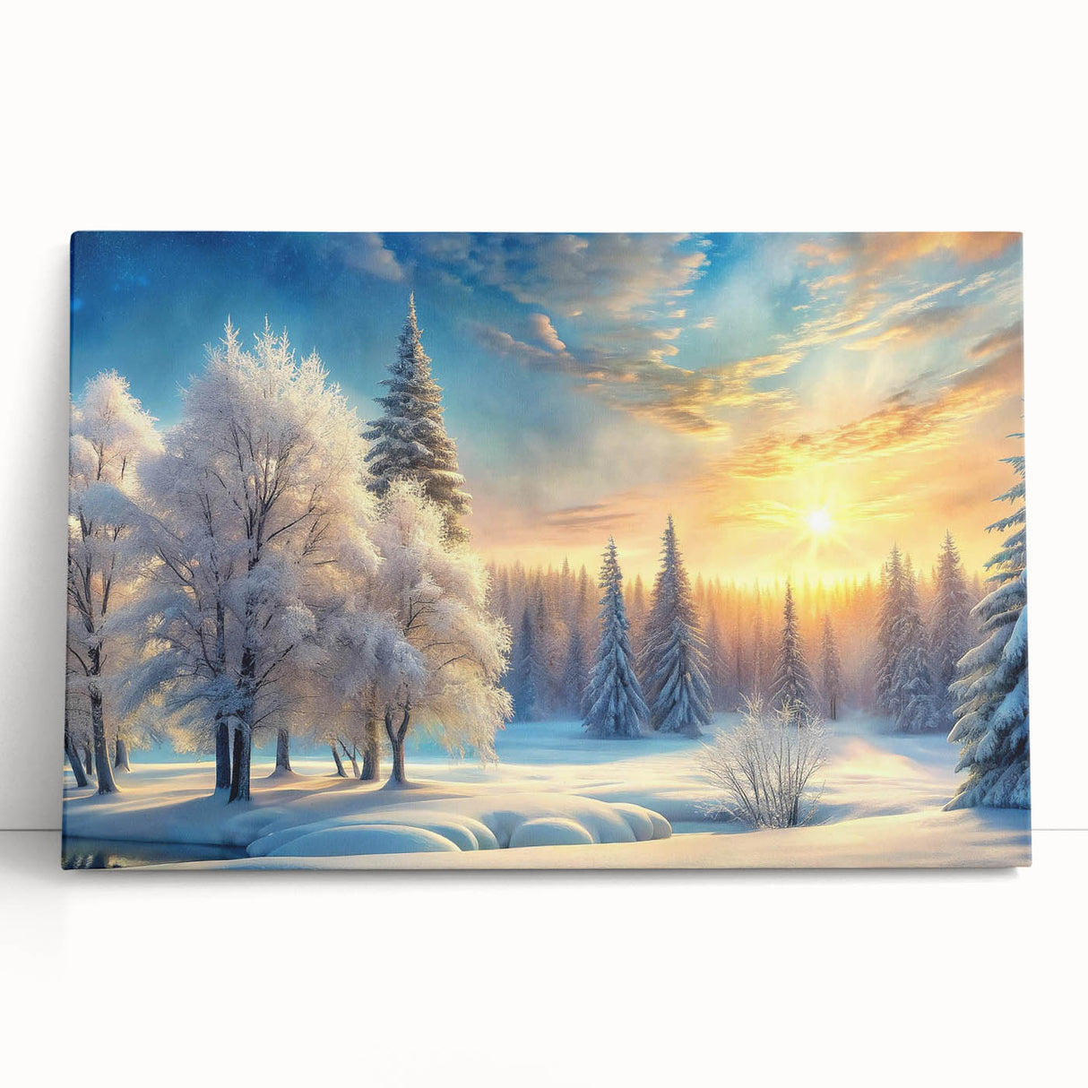 Stretched canvas wall art showcasing a serene landscape of vibrant green trees against a soft blue sky, perfect for adding a natural touch to home decor.