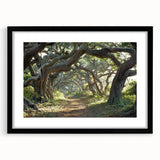 Framed landscape wall art featuring trees in a serene setting, with a black mat and frame, ideal for home decor in living rooms or offices.