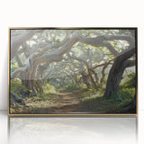 Framed wall art featuring a stunning landscape design with lush green trees and a serene natural setting, accented by a gold frame, perfect for home decor.