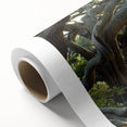 Rolled canvas artwork showcasing a vibrant landscape with lush green trees and a serene blue sky, ideal for home decor, packaged securely in a cardboard tube.
