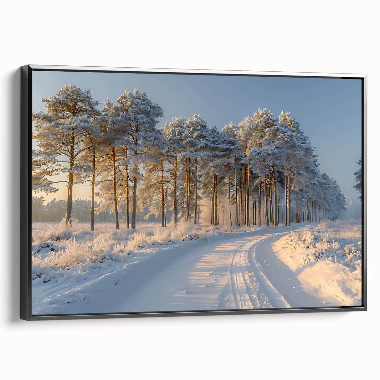 Framed canvas wall art featuring a serene landscape with vibrant green trees and a tranquil blue sky, presented in a sleek black frame, perfect for home decor.
