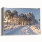 Framed canvas wall art showcasing a serene landscape with trees, featuring a silver frame, ideal for modern home decor. Perfect for enhancing living spaces.