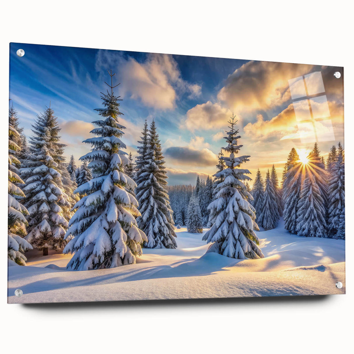 Acrylic glass wall art showcasing a vibrant landscape design featuring lush green trees and a serene sky, displayed with decorative pins on a modern wall.