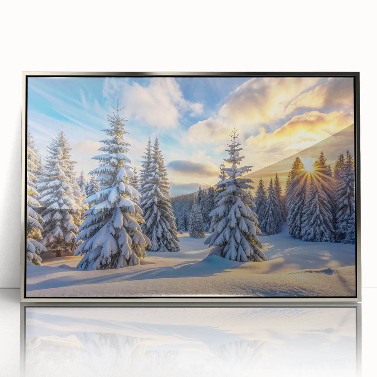 Framed acrylic wall art showcasing a serene landscape with trees, featuring a sleek silver frame that enhances the natural beauty of the scene, perfect for modern decor.