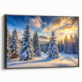 Framed canvas wall art showcasing a serene landscape with trees in a black frame, positioned at a side view to highlight its elegant design and texture. Ideal for home decor enthusiasts seeking nature-inspired artwork.