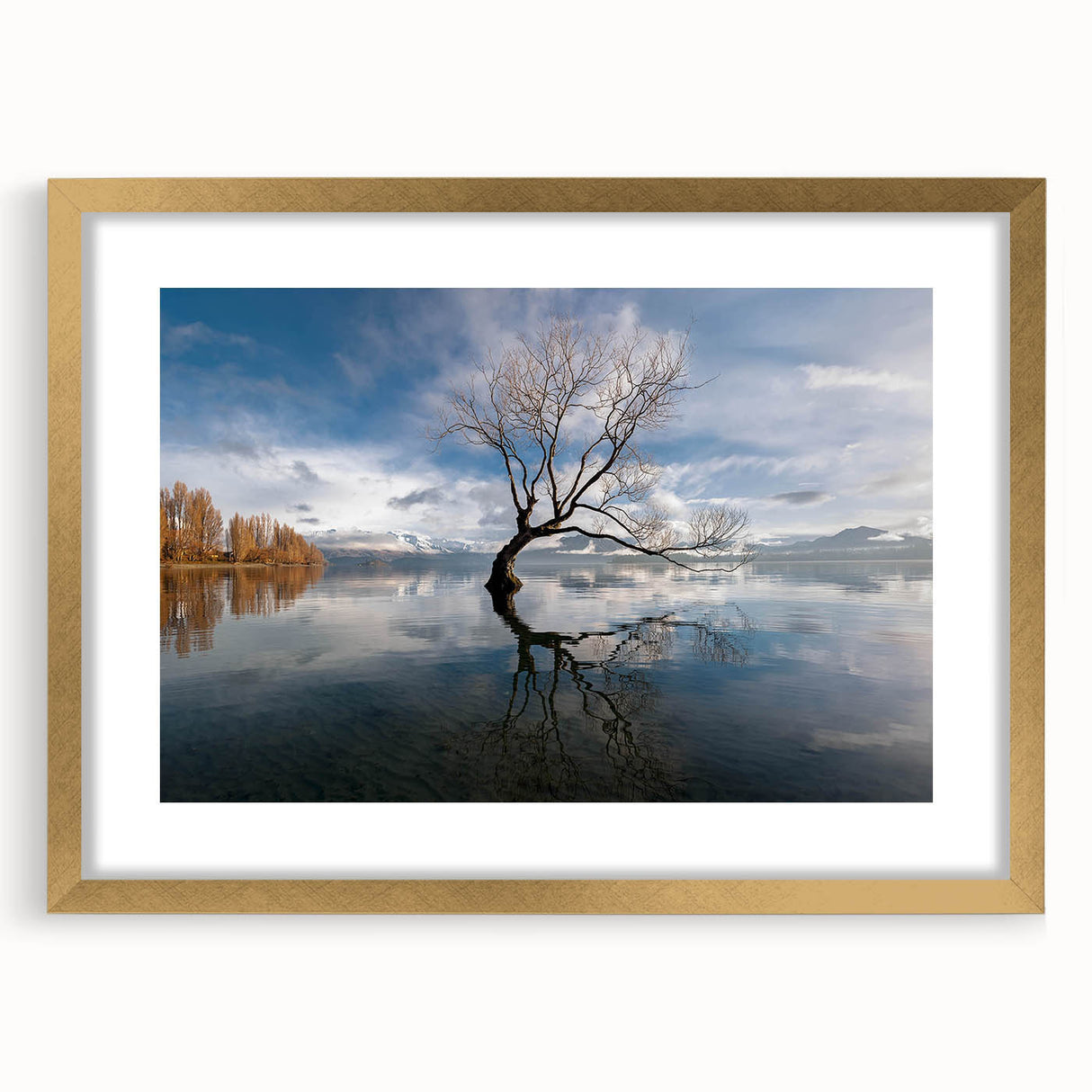 Framed wall art featuring a vibrant landscape design with green trees and a gold mat, adding a touch of elegance to home decor. Perfect for nature lovers.