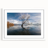 Framed wall art collection featuring a serene landscape with trees, set in a white mat frame, showcasing a harmonious blend of nature and design for home decor.