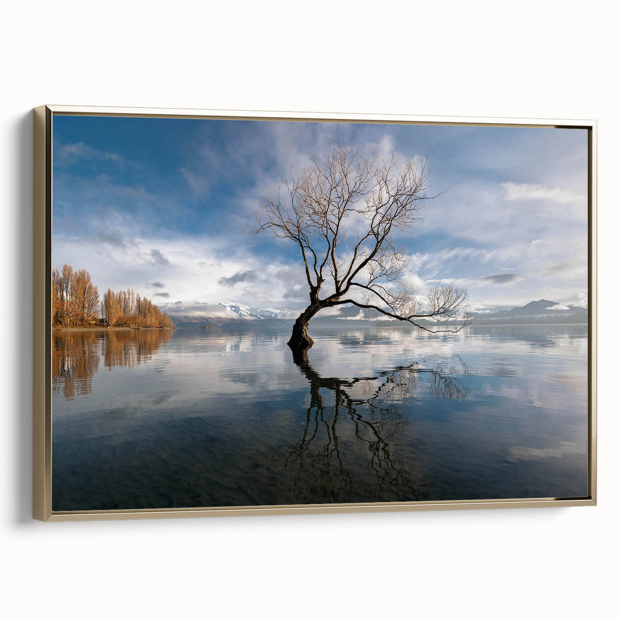 Framed wall art canvas showcasing a serene landscape with majestic trees, set against a gold frame, perfect for enhancing home decor aesthetics.