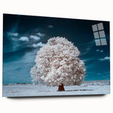 Acrylic glass wall art showcasing a vibrant landscape design featuring lush green trees and a serene blue sky, perfect for enhancing modern home decor.