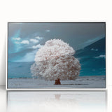 Framed wall art showcasing a vibrant landscape design with stylized trees, featuring a sleek white frame, perfect for enhancing modern home decor. The acrylic finish adds depth and elegance, making it an eye-catching centerpiece for living spaces.