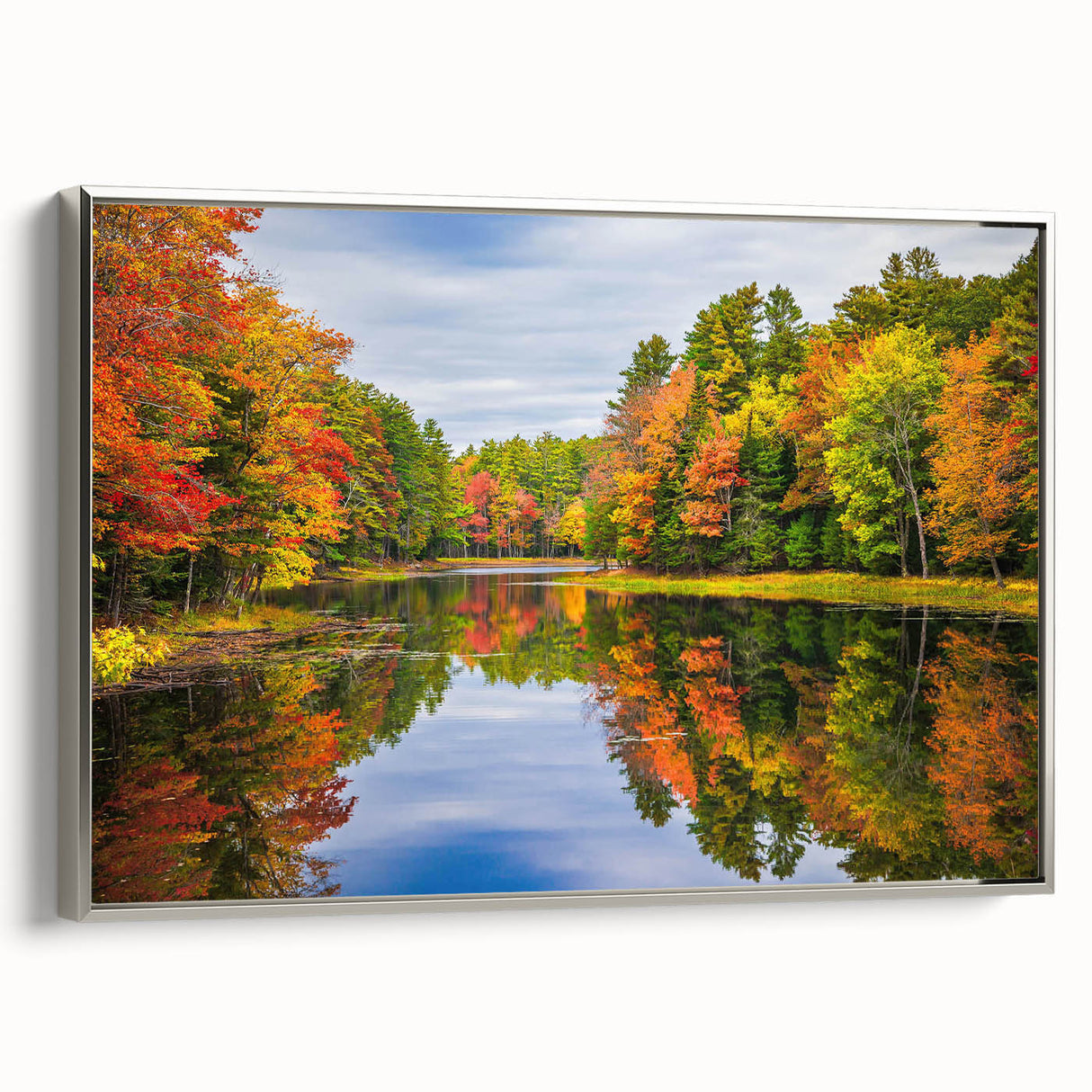 Framed canvas wall art showcasing an elegant landscape design with trees, presented in a stylish silver frame, perfect for modern home decor.