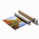 Lush green trees and serene landscapes art print on rolled canvas, showcasing vibrant colors and intricate details, perfect for home decor or office spaces.