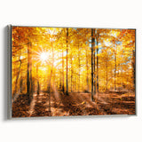 Framed canvas wall art showcasing a serene landscape with lush green trees and a tranquil silver border, enhancing home decor with its elegant design.