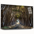 Acrylic glass wall art featuring a vibrant landscape design with trees, displayed in a side view, showcasing its sleek edges and pin mounting for easy installation. Perfect for enhancing modern decor with nature-inspired aesthetics.