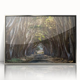Framed acrylic wall art featuring a serene landscape of trees in muted green and silver tones, perfect for modern home decor. Ideal for nature lovers seeking tranquility.