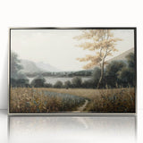 Framed wall art collection showcasing a serene landscape design with trees in vibrant greens and earthy tones, set in a sleek silver frame, ideal for home decor.