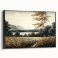 Framed canvas wall art showcasing a serene landscape with lush green trees, set against a black background, perfect for modern home décor.