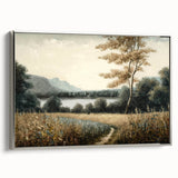Framed canvas wall art showcasing a serene landscape with vibrant trees, set in a sleek silver frame, ideal for enhancing modern home decor.