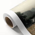 Vibrant rolled canvas artwork showcasing a serene landscape with lush green trees and a calming blue sky, perfect for home decor or office aesthetics.