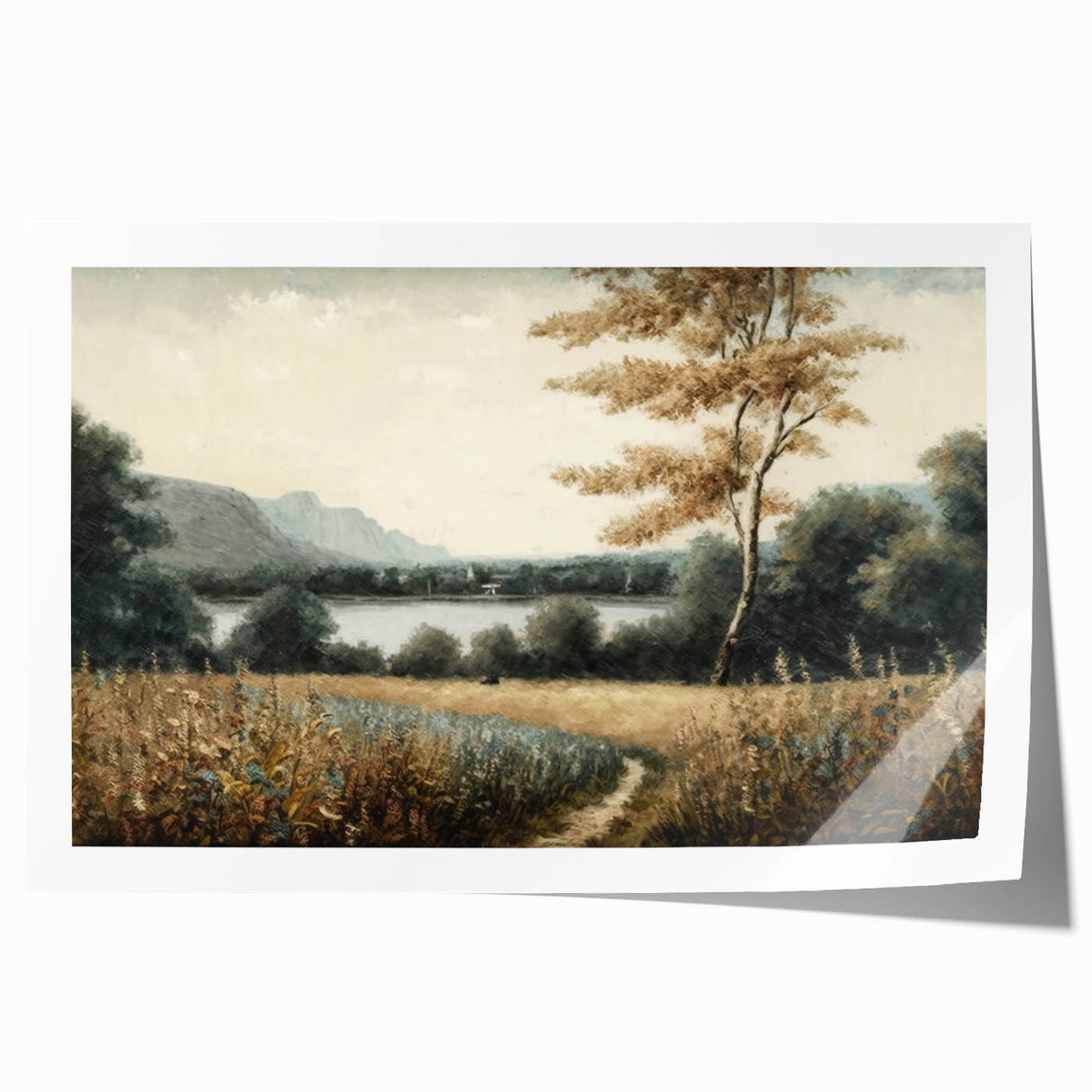 Rolled print of a serene landscape featuring tall trees and a peaceful sky, showcasing vibrant greens and blues, perfect for home decor and nature lovers.