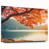 Acrylic glass wall art collection featuring a vibrant landscape design with colorful trees, showcased from a side view with decorative pins, ideal for home decor.