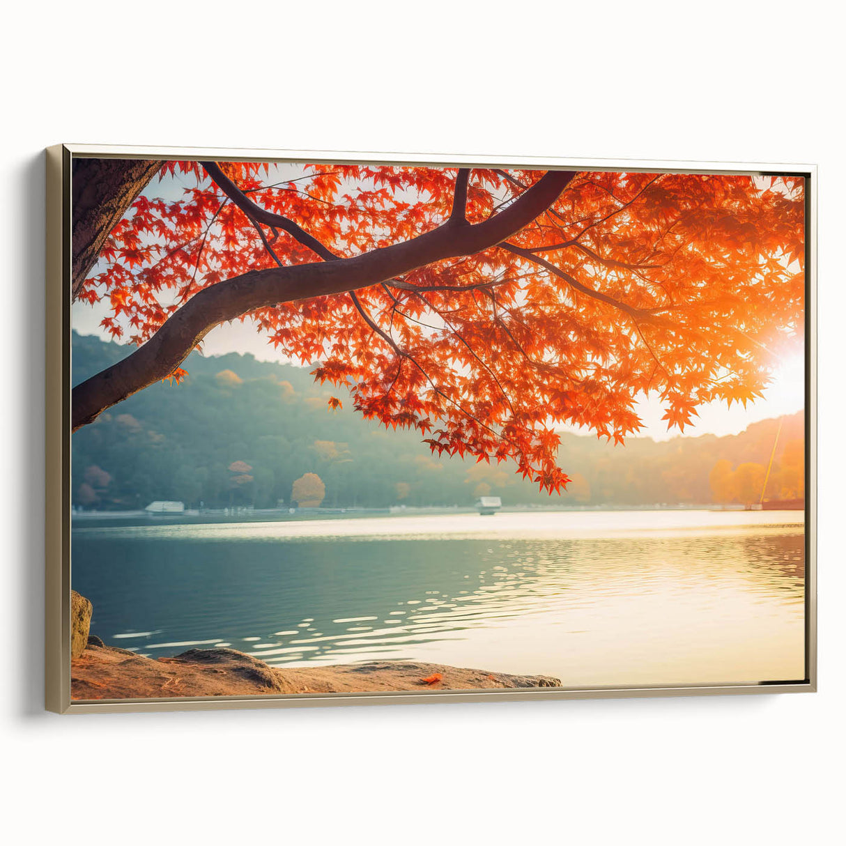 Framed canvas wall art showcasing a serene landscape with lush green trees and golden accents, designed to enhance home decor and create a tranquil atmosphere.