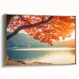 Framed canvas wall art showcasing a serene landscape with lush green trees and golden accents, designed to enhance home decor and create a tranquil atmosphere.