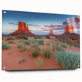 Acrylic glass wall art showcasing a vibrant landscape design of a serene valley, displayed from a side view with decorative pins, ideal for modern home decor.