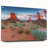Acrylic glass wall art showcasing a vibrant landscape design of a serene valley, displayed from a side view with decorative pins, ideal for modern home decor.