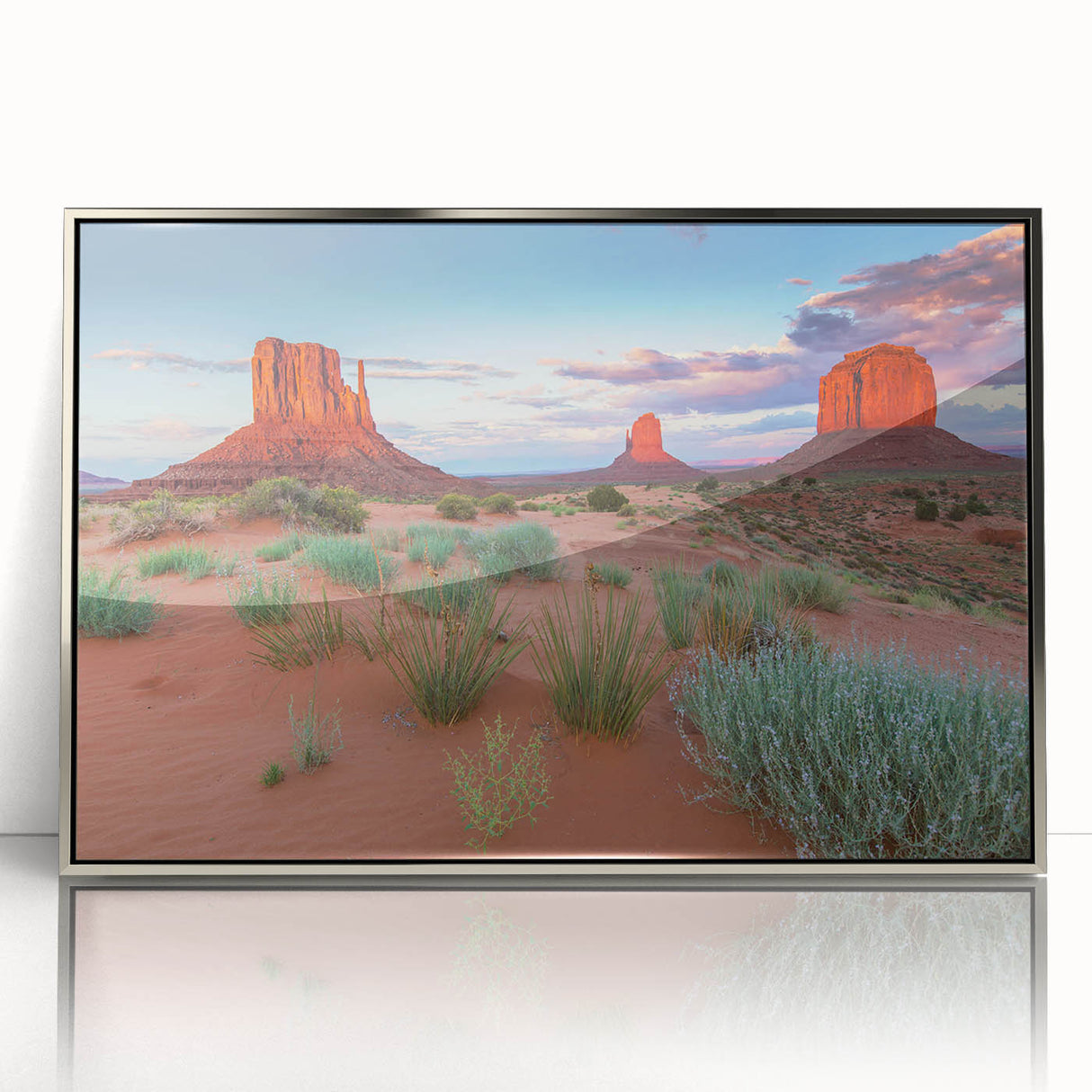 Framed acrylic wall art showcasing a serene valley landscape design with soft silver tones, perfect for enhancing modern home decor and adding tranquility.