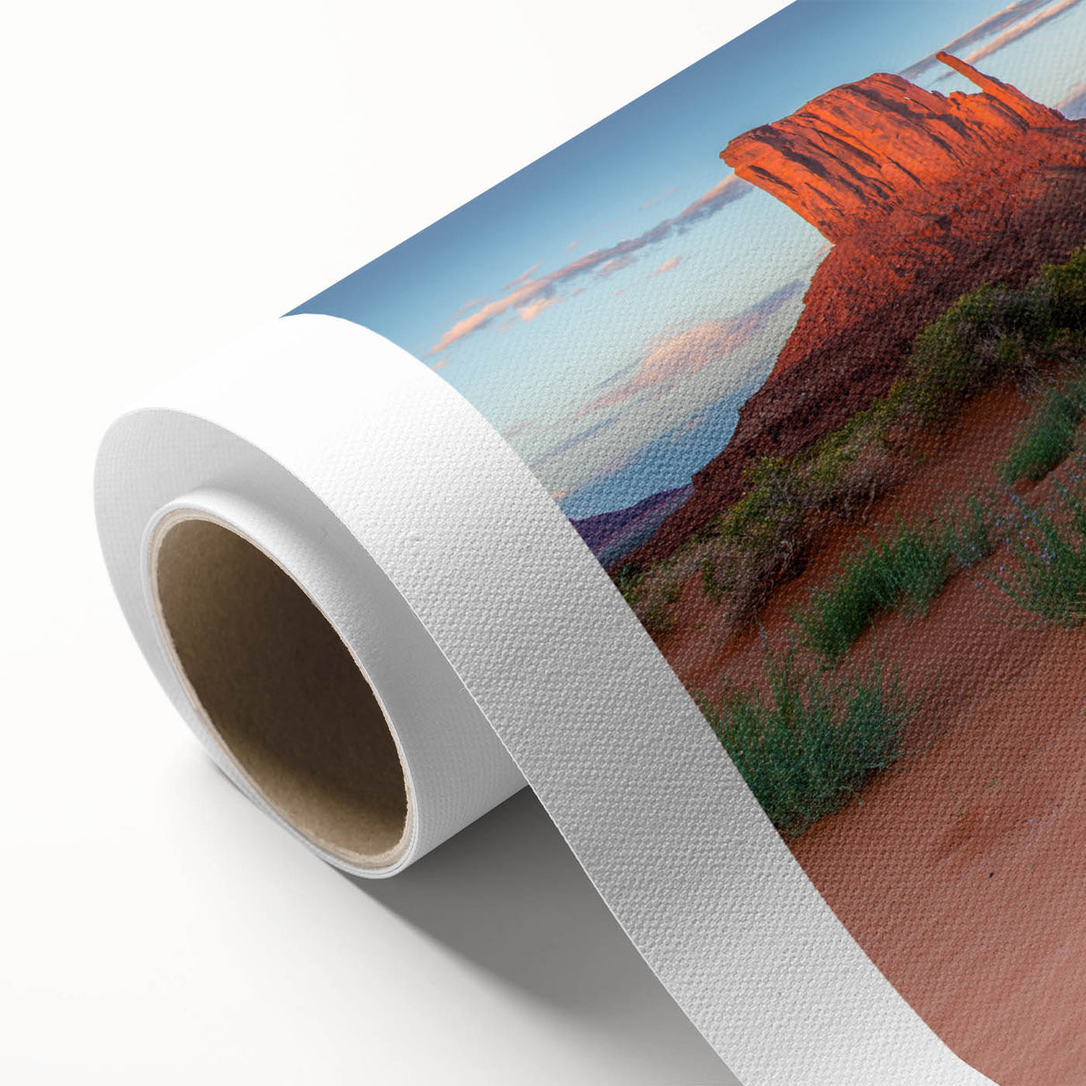 Serene landscape wall art on rolled canvas, depicting a lush green valley under a vibrant blue sky, perfect for home decor or office enhancement.