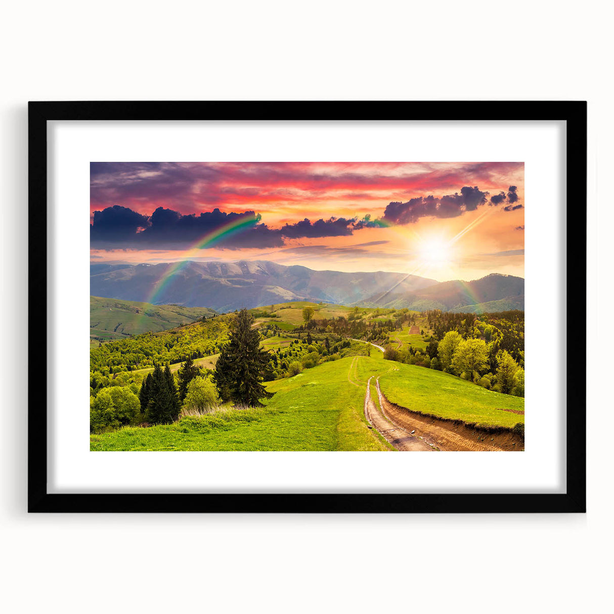 Framed wall art featuring a serene landscape design of a valley, showcasing rich green hues and soft blue skies, presented in a stylish black frame with a mat.