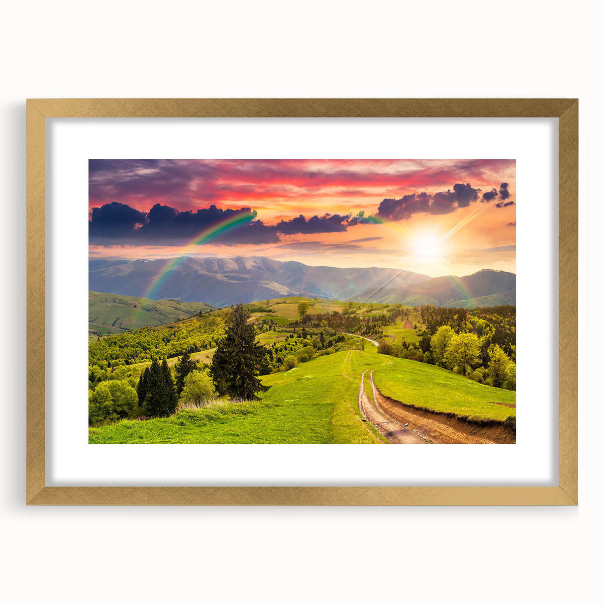 Framed wall art showcasing a serene valley landscape in gold matting, perfect for home decor, emphasizing nature's tranquility and elegance.