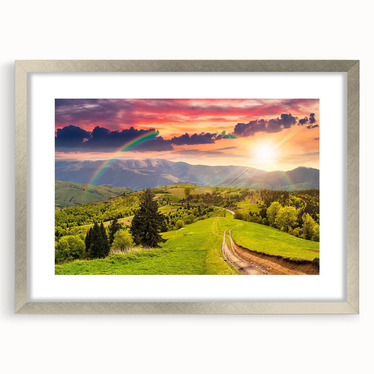 Framed wall art showcasing a serene landscape valley design in silver with a mat, perfect for home decor. The artwork adds elegance and tranquility to any room.