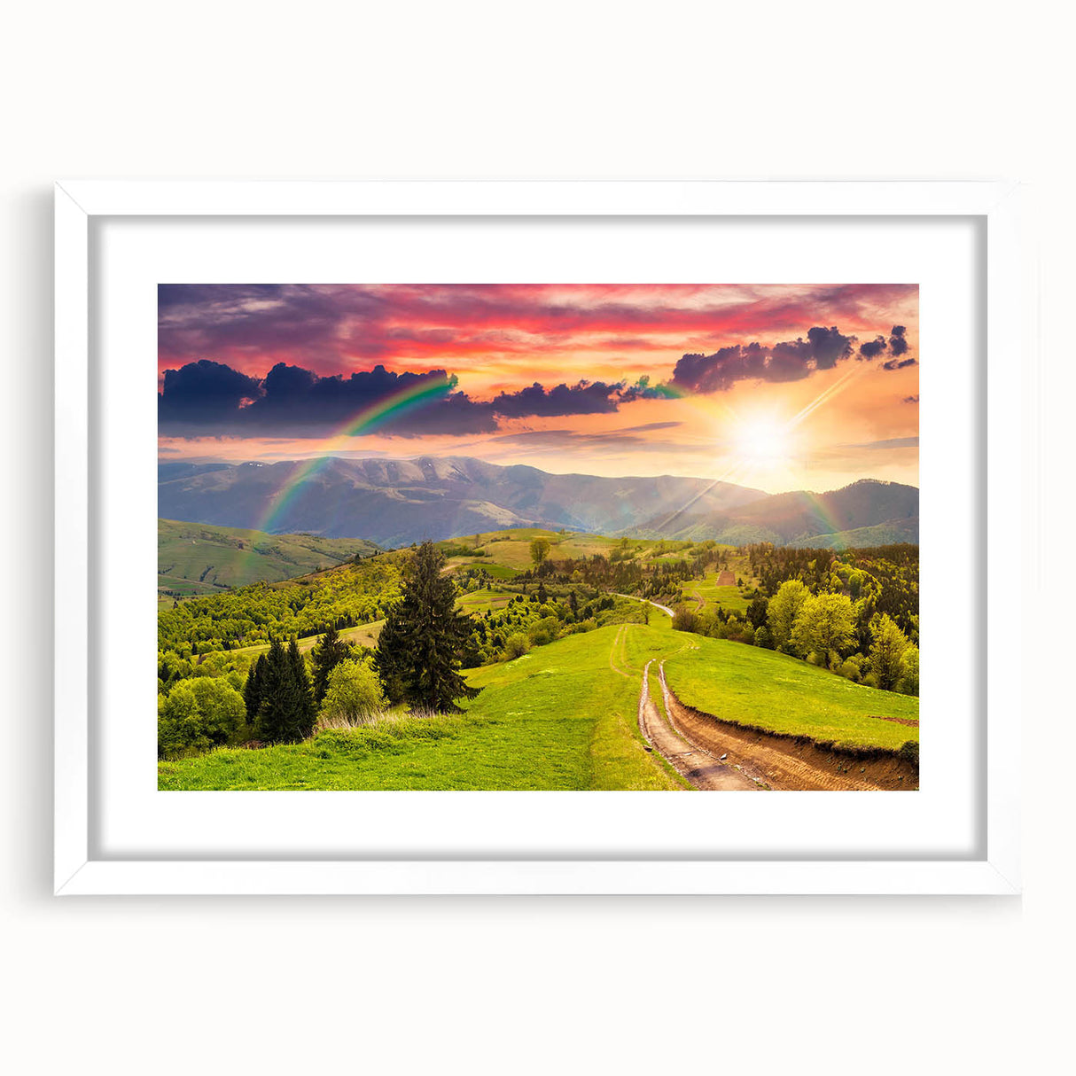 Framed wall art showcasing a serene valley landscape design with soft hues of blue and green, elegantly matted in white, perfect for enhancing home decor.
