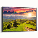 Framed canvas wall art showcasing a serene landscape valley design with vibrant colors, set against a sleek black frame, ideal for home decor enhancement.
