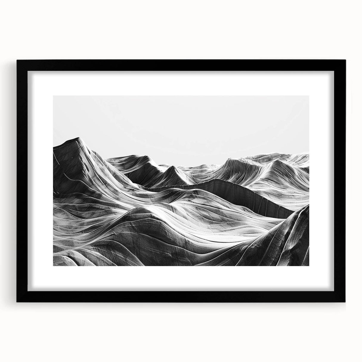 Black-framed wall art featuring a serene landscape design of a valley, showcasing lush greenery and soft hills, ideal for enhancing home decor and creating a calming atmosphere.