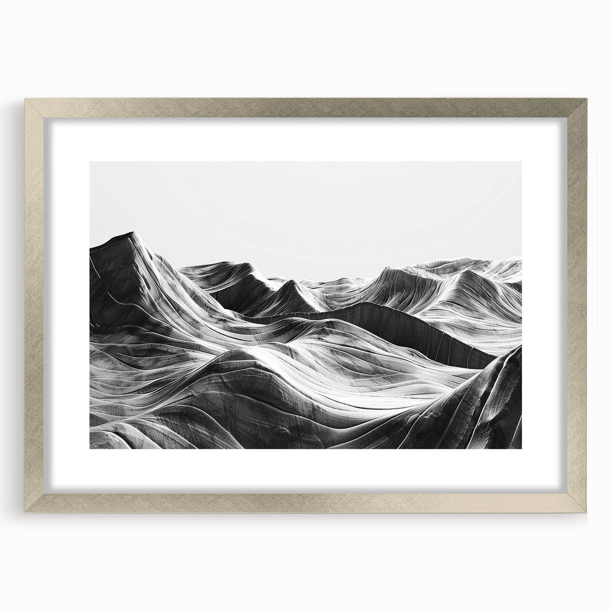 Framed silver wall art featuring a serene valley landscape design with a mat, perfect for enhancing modern home decor and creating a tranquil ambiance.