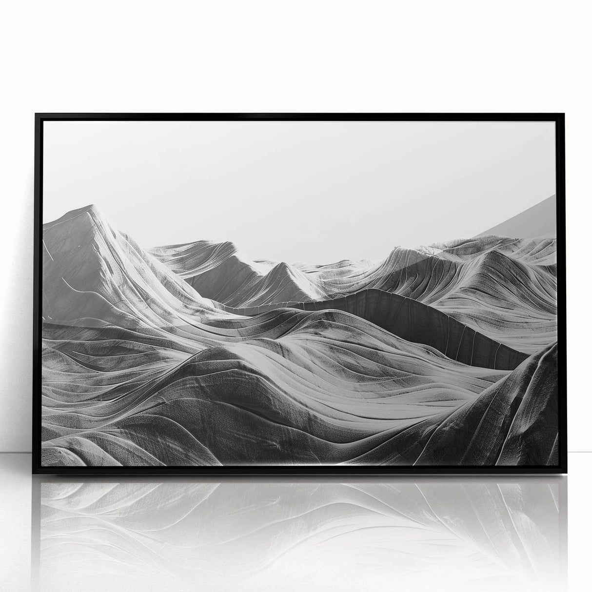 Framed acrylic wall art featuring a serene valley landscape, with rich greens and blues, presented in a sleek black frame, perfect for modern home decor.